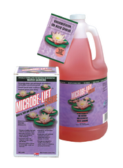 Water garden treatment product shown with box and jug;  pink liquid, lily pad imagery.

