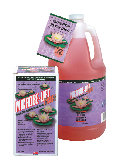 Water garden treatment product shown with box and jug;  pink liquid, lily pad imagery.
