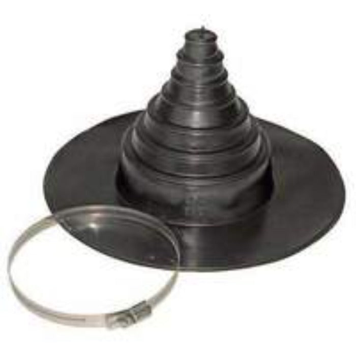 Black QuickSeam EPDM Universal Pipe Boot with clamp for secure pipe sealing.
