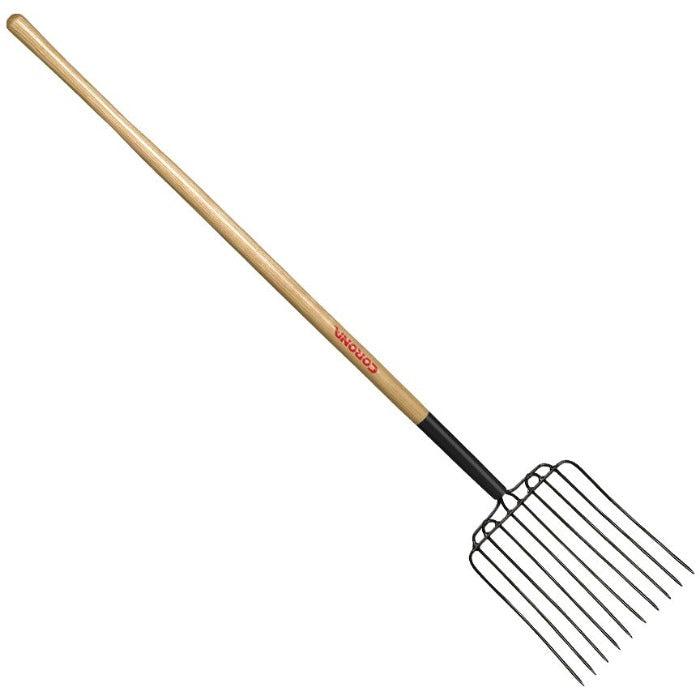 Corona 10-Tine Manure Fork with wood handle, ideal for farm and garden work.
