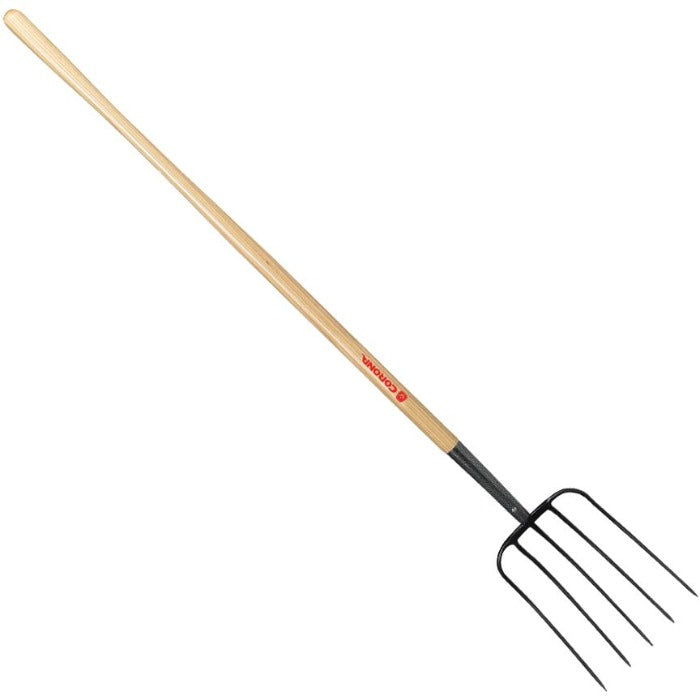 Corona Manure Fork - 5 Tine: Durable wood handle, 5-tine steel head for efficient manure handling.
