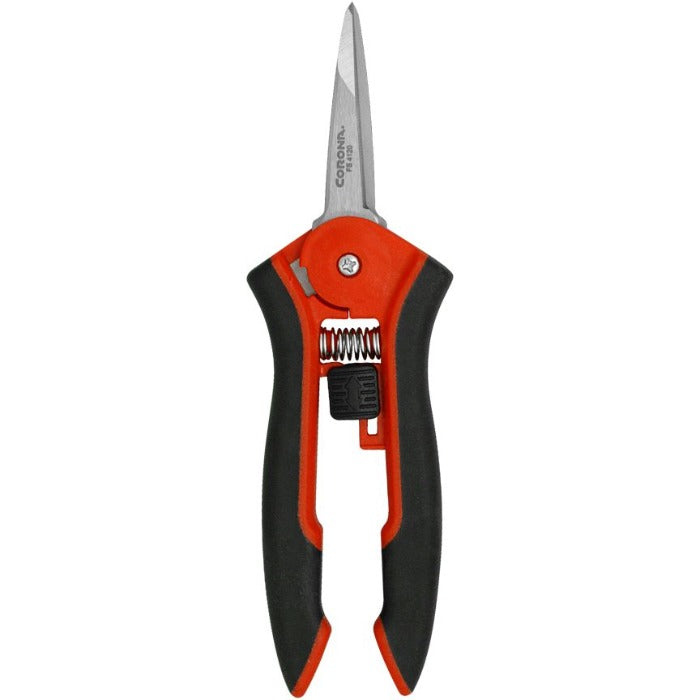 Corona Hydroponic Micro Snip: Red & black ergonomic handles, stainless steel blades for precise cuts.
