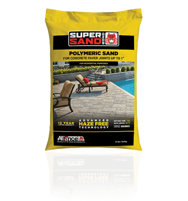 Gator Supersand Bond polymeric sand for concrete pavers; advanced haze-free technology, 15-year warranty.

