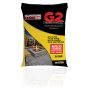 Polymeric sand packaging showcasing a patio scene;  rapid-setting, dust-free formula for pavers.
