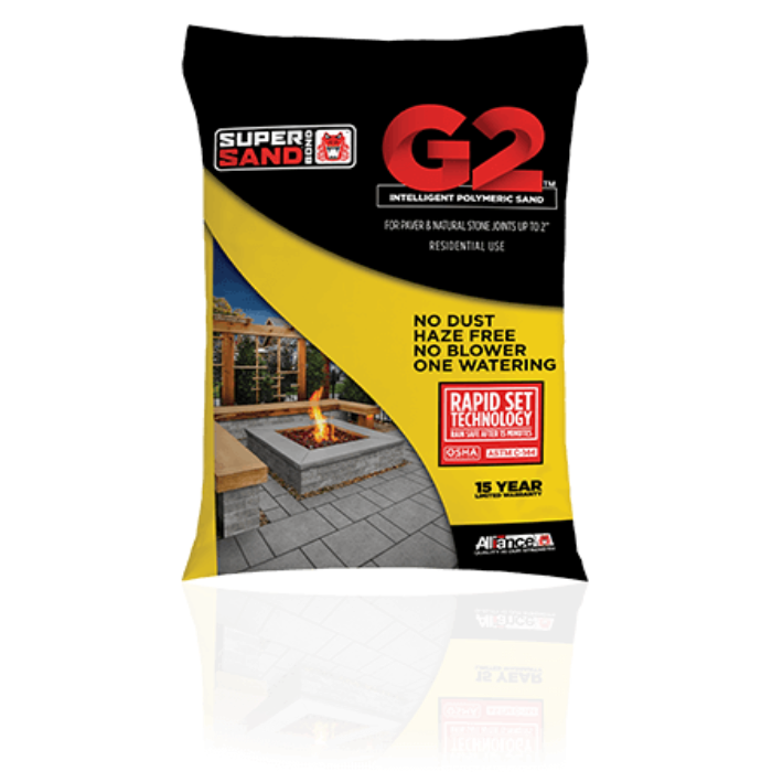 Polymeric sand packaging showcasing a patio scene;  rapid-setting, dust-free formula for pavers.
