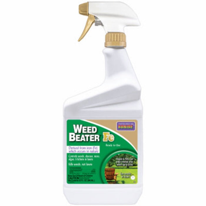 Ready-to-use weed killer in a spray bottle, showing a lawn and patio setting.
