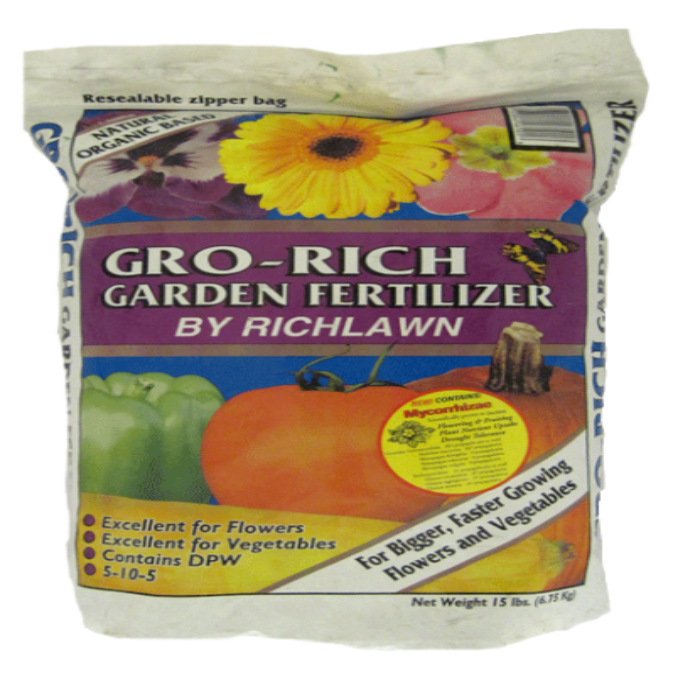 Gro-Rich Garden Fertilizer 5-10-5 by Richlawn: 15 lb bag, excellent for flowers & vegetables, contains Mycorrhizae for bigger blooms & faster growth.
