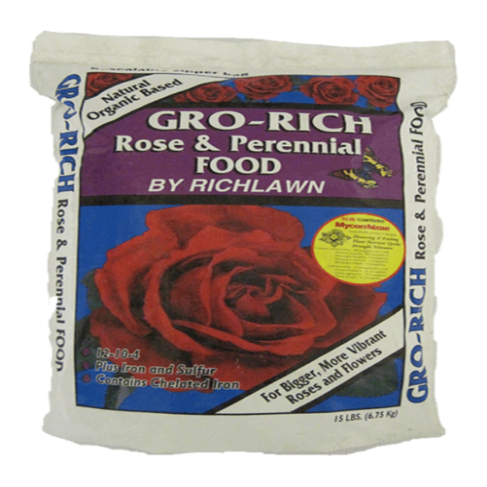 GRO-Rich Rose & Perennial Food 12-10-4 by Richlawn: 15 lbs bag, natural organic based, plus iron & sulfur, chelated iron, for bigger & more vibrant roses & flowers.
