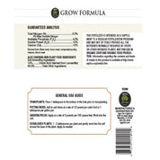 Fertilizer label detailing nutrient analysis, application rates for various plant types, and ingredient sourcing.
