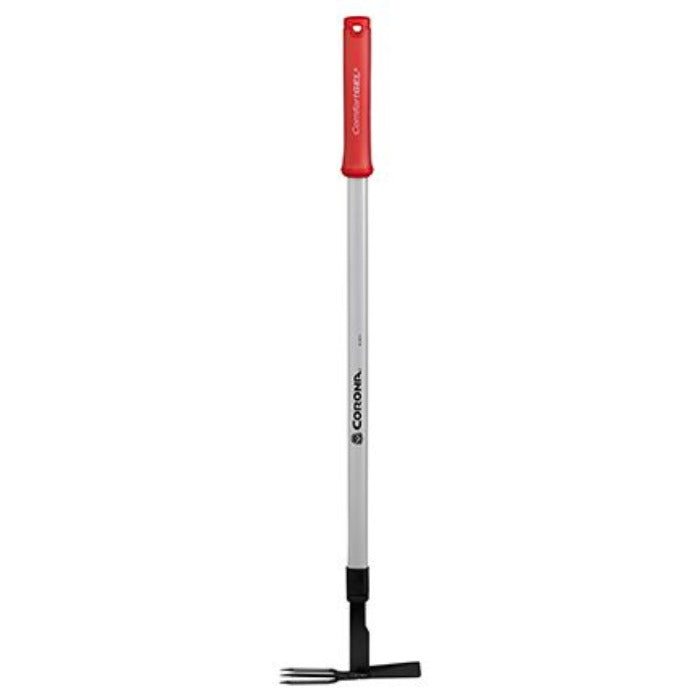 Corona Extended Reach Hoe/Cultivator: Aluminum handle, red grip, black steel head for effortless weeding and cultivating.
