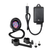Multicolor LED pond light kit with transformer, mounting brackets, and hardware.
