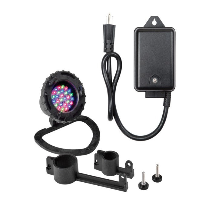 Multicolor LED pond light kit with transformer, mounting brackets, and hardware.
