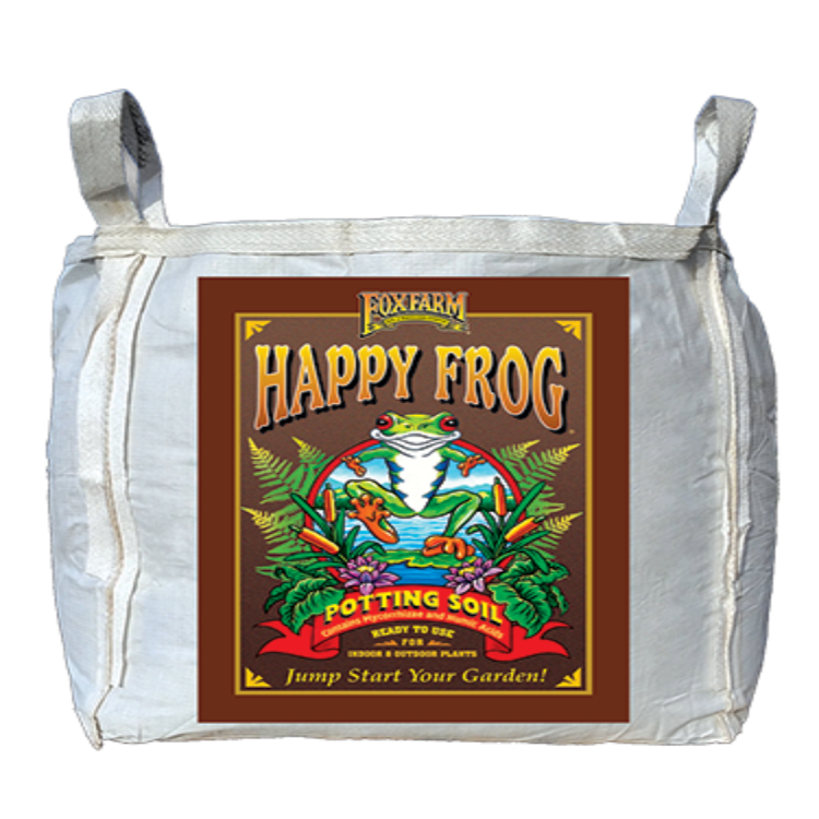 Large bag of potting soil with a frog illustration, ready for indoor or outdoor use.
