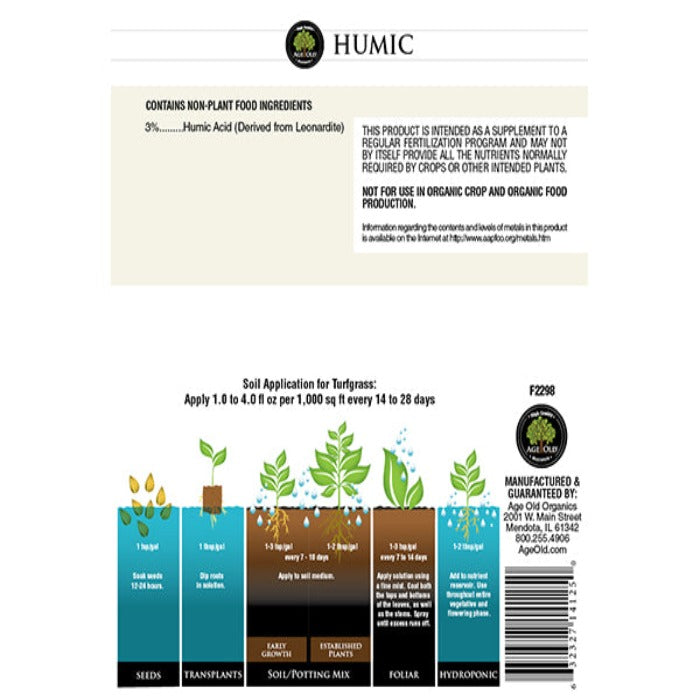 Humic acid supplement label with application guide for seeds, transplants, and established plants, including foliar and hydroponic methods.
