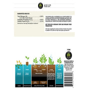 Kelp meal fertilizer label with nutrient analysis, application guide for various plant growth stages, and manufacturer info.
