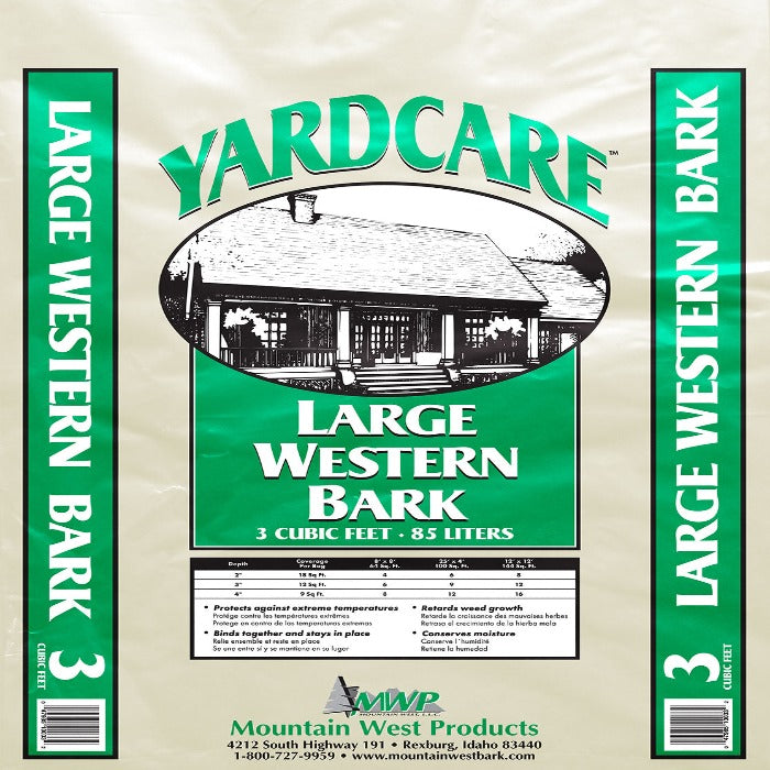 Mountain West Products Large Western Bark: 3 cubic feet (85 liters), protects against extreme temperatures, retards weed growth, conserves moisture.
