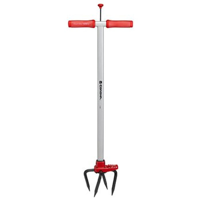 Corona ComfortGEL SoilRIPPER Garden Tiller: Aluminum shaft, red ergonomic handles, 3-prong cultivator for easy soil aeration.
