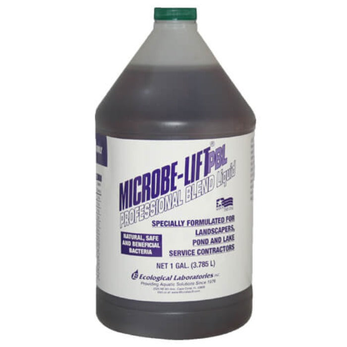One-gallon jug of dark-brown liquid bacterial blend for landscaping and pond maintenance.
