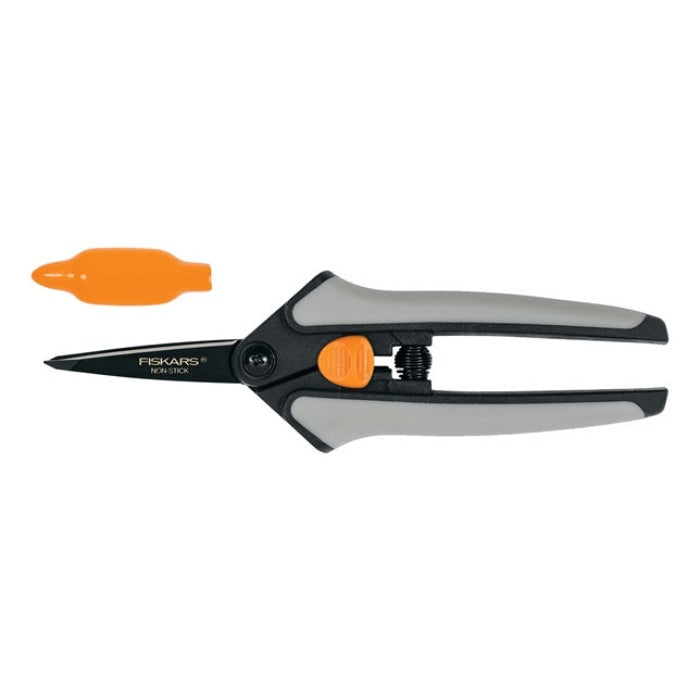 Grey and black micro-tip pruning shears with orange accents, shown with protective cap.
