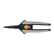 Grey and black micro-tip pruning shears with orange accents, ideal for detail work.
