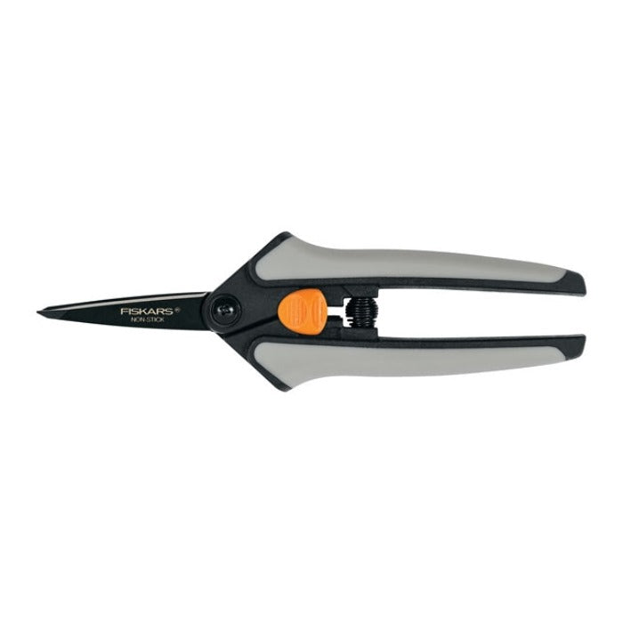 Grey and black micro-tip pruning shears with orange accents, ideal for detail work.
