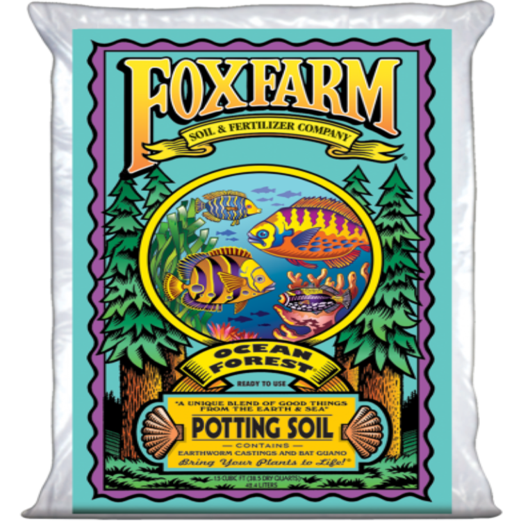 FoxFarm Ocean Forest Potting Soil, 12 qt bag, contains earthworm castings & bat guano for vibrant plant growth.
