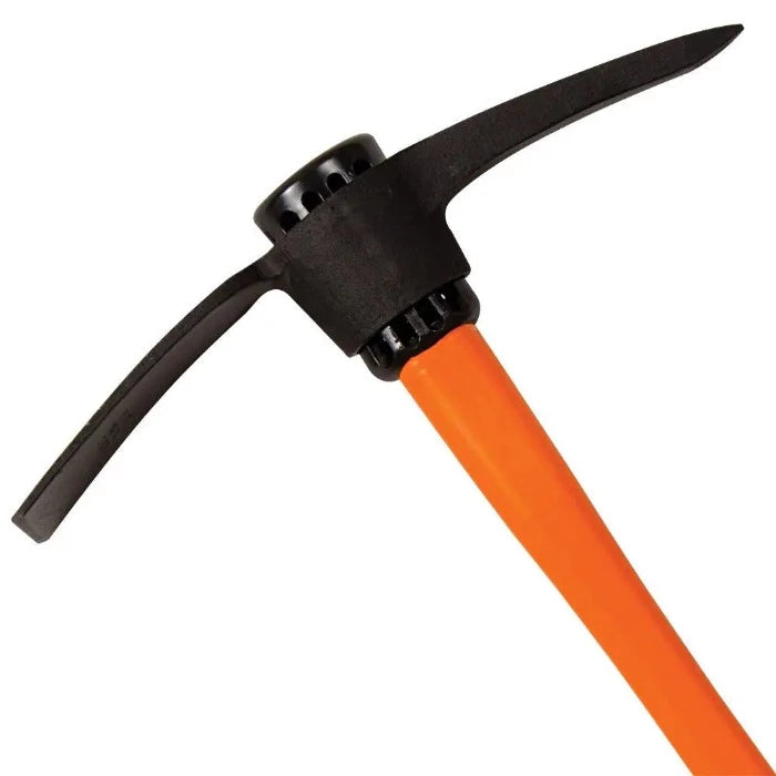 Close-up of pick mattock's head and orange composite handle.
