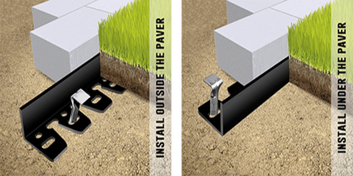 Black landscaping edging installed next to pavers and grass, showing two installation methods.
