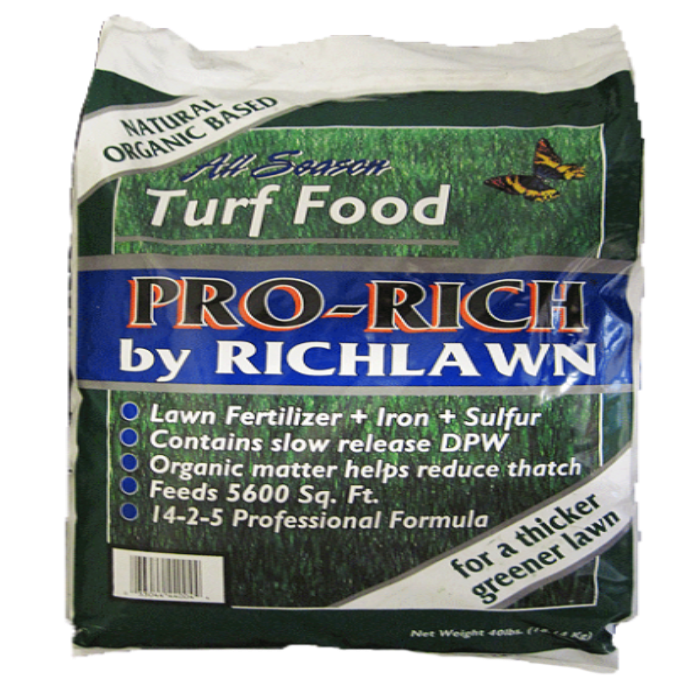 Pro-Rich by Richlawn 14-2-5 All Season Turf Food: 40lb bag, feeds 5600 sq ft, natural organic formula for thicker, greener lawns.
