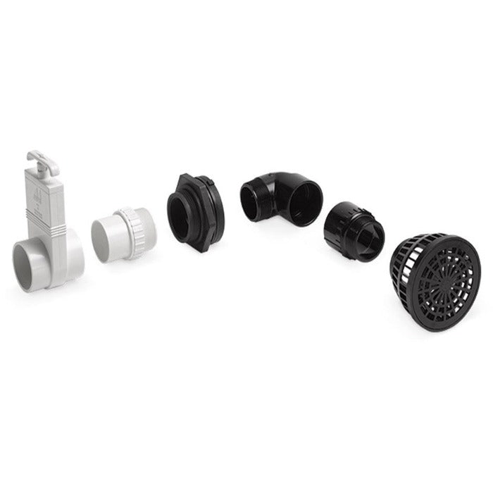 Little Giant Bottom Drain Kit: PVC valve, connectors, elbow, and strainer for pond or water feature drainage.
