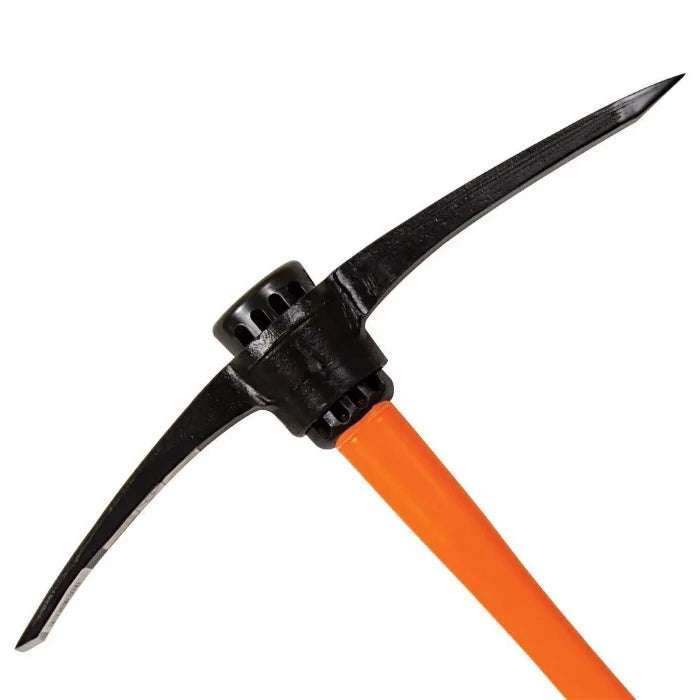 Railroad pickaxe with an orange composite handle and black steel head.
