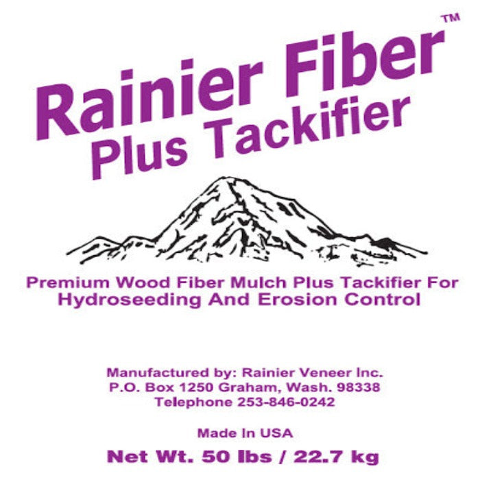 Rainier Wood Fiber Hydromulch with Tackifier: 50 lb bag for hydroseeding and erosion control.
