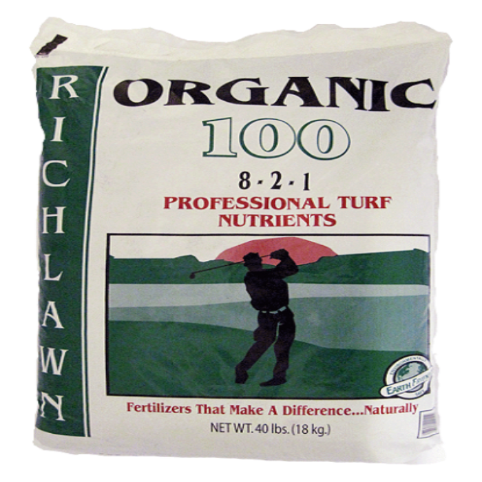 Richlawn Organic 100 8-2-1 Professional Turf Nutrients: 40 lb bag, organic fertilizer for lush lawns.

