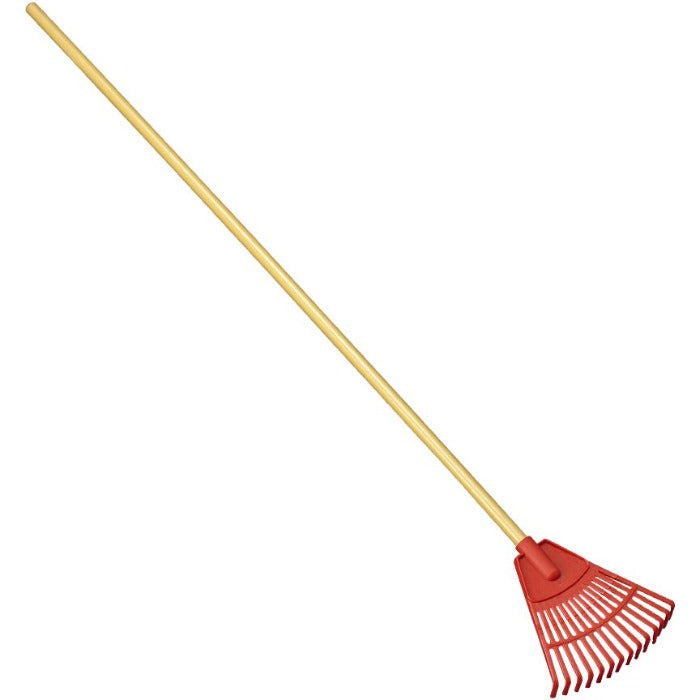 Corona Poly Shrub Rake with 8-inch red plastic head and wooden handle.
