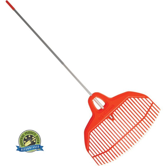 Corona BigLOAD 30-inch Leaf Rake, orange plastic head and aluminum handle for efficient yard cleanup.
