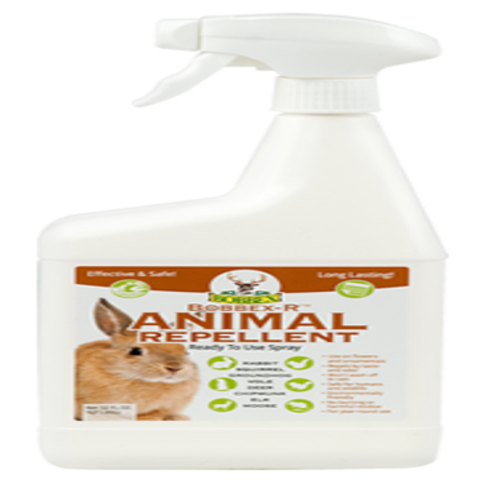 Ready-to-use animal repellent spray bottle, featuring a rabbit on the label, effective against various pests.
