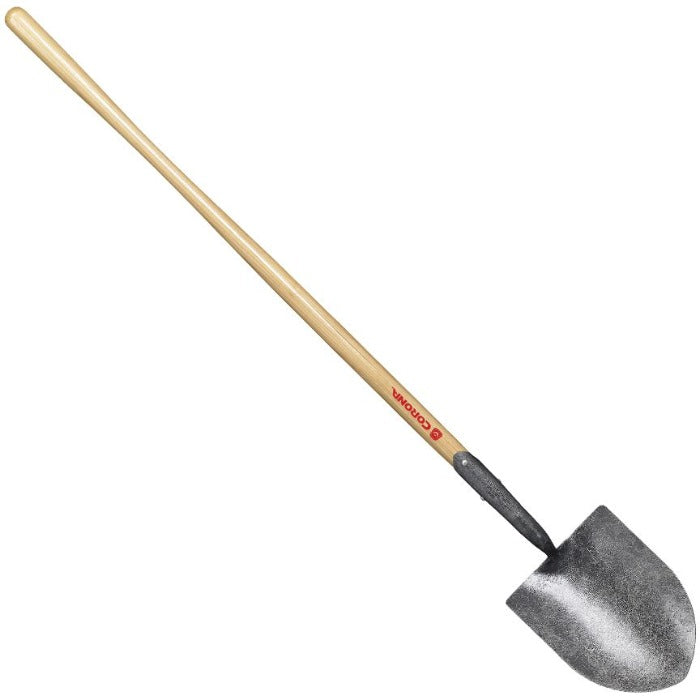 Corona Irrigation Shovel: Forged, one-piece tempered steel blade with a long wooden handle, ideal for irrigation projects.
