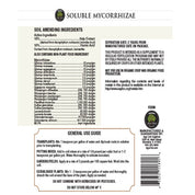 Soluble mycorrhizae product label; details ingredients, application rates for transplanting, potting, gardens, and established plants.
