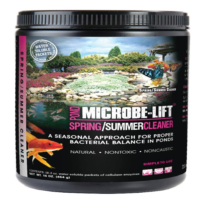 Microbe-Lift Pond Spring/Summer Cleaner: 16 oz jar with 8 water-soluble packets of cellulase enzymes for natural pond bacterial balance.  Nontoxic & easy to use.
