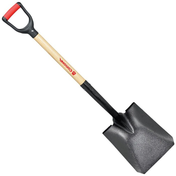 Corona #2 Square Point Shovel, 30-inch DIY shovel with wood handle and black steel blade.
