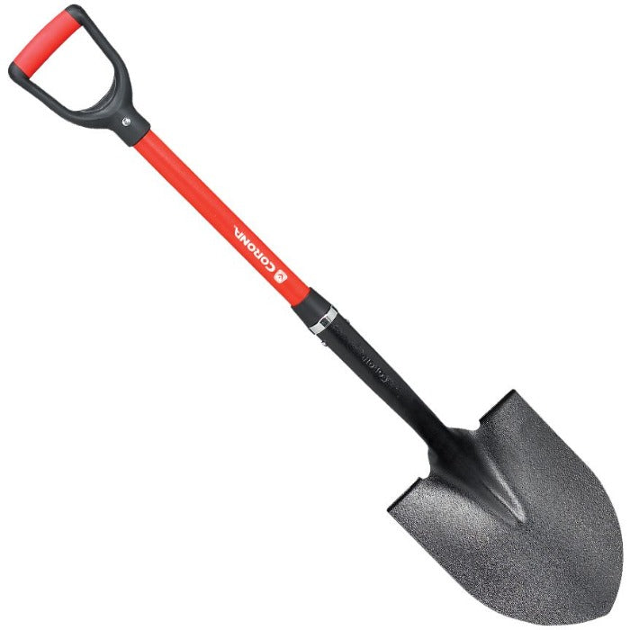 Corona DIY Shovel, 30-inch fiberglass handle, open back design.
