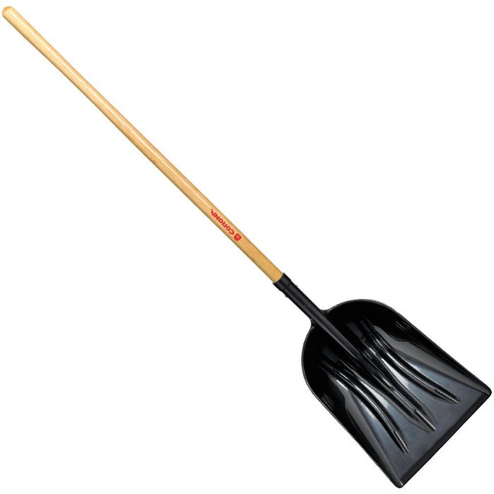 Corona #12 Poly Scoop Shovel, 48-inch wooden handle, black poly blade for efficient snow removal.

