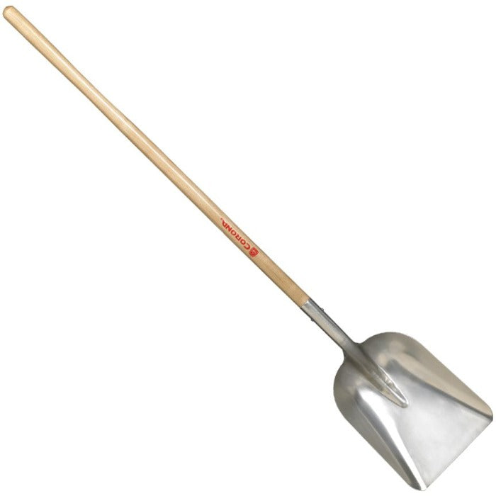 Corona #2 Aluminum Scoop Shovel with 48-inch wooden handle.
