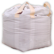 Large white fabric bag of river rock with tan straps.
