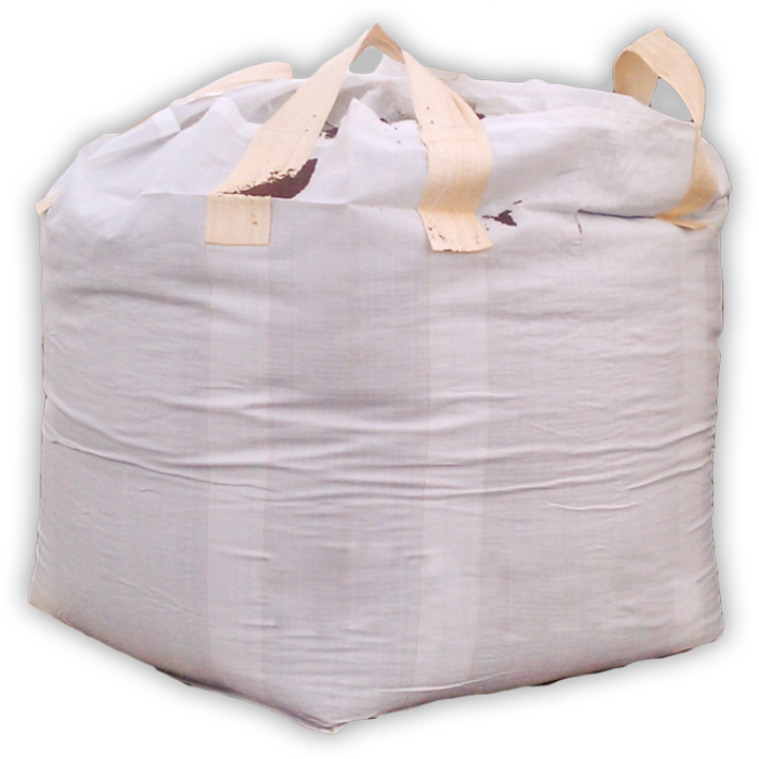 Large white fabric bag of river rock with tan straps.
