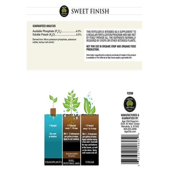 Fertilizer label: 4% available phosphate & potash; application guide for transplants, soil, and foliar feeding.
