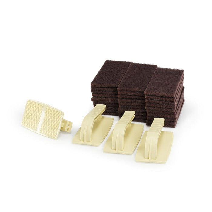 Firestone Quick Scrub Kit: 30 brown scrubbing pads & 4 beige handles for easy cleaning.
