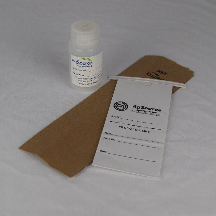 AgSource Soil Diagnostic Analysis kit: Includes sample bottle, soil bag, and instructions for accurate testing.
