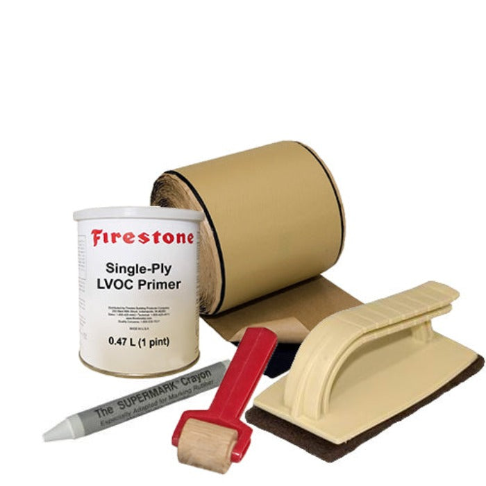 Firestone Quickseam ProTape Kit:  Single-ply LVOC primer, repair tape, roller, & applicator.

