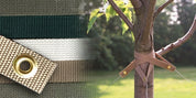 Beige tree strap with brass eyelets, secures young trees for support.
